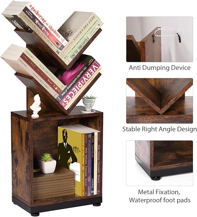 ruboka 2-Shelf Tree Bookshelf with Storage, 26.5-Inch Retro Floor Standing Bookcase Display for CDs/Magazine/Books, Small Bookshelf for Bedroom, Living Room, Office, Brown Storage Shelves - LeafyLoom