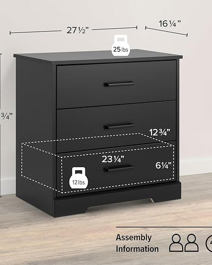 Prepac Three Drawer Nightstand, 16.25in x 27.5in x 26.75in, Rustic Black - LeafyLoom