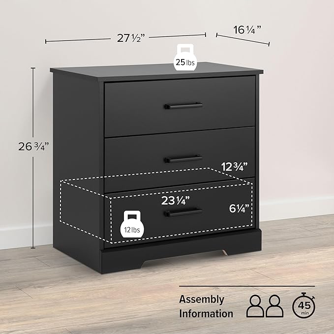 Prepac Three Drawer Nightstand, 16.25in x 27.5in x 26.75in, Rustic Black - LeafyLoom