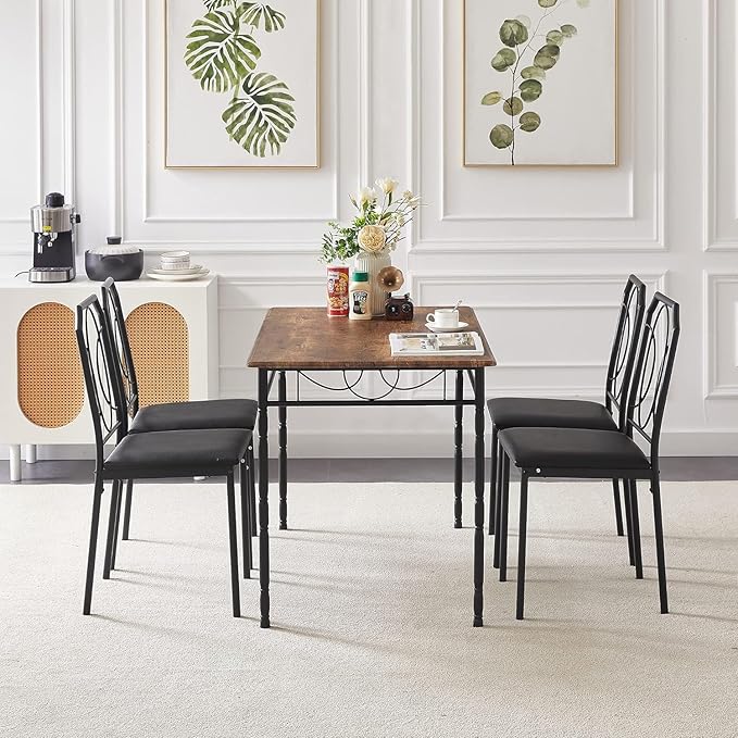 VECELO 5 Pieces Sets,43.3" Table&Chairs for 4,Industrial Counter Height Tabletop with Bar Stools, Rectangle Breakfast Chairs, Living Room, Apartment, Dining Table for 4, Brown 1 - LeafyLoom