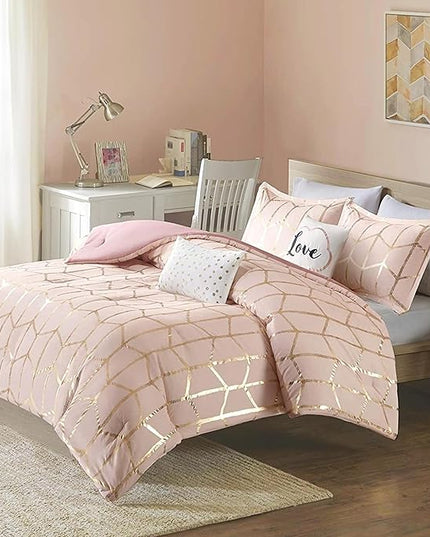 Intelligent Design Raina Comforter Microfiber Metallic Print Geometric Design Embroidered Toss Pillow Modern Trendy Casual All Season Bedding Set Matching Sham, Full/Queen, Blush/Gold 5 Piece - LeafyLoom