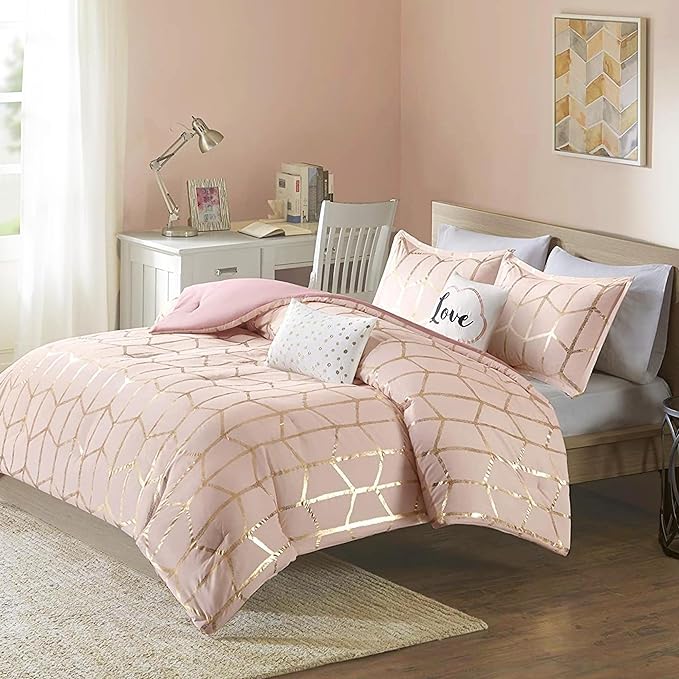 Intelligent Design Raina Comforter Microfiber Metallic Print Geometric Design Embroidered Toss Pillow Modern Trendy Casual All Season Bedding Set Matching Sham, Full/Queen, Blush/Gold 5 Piece - LeafyLoom