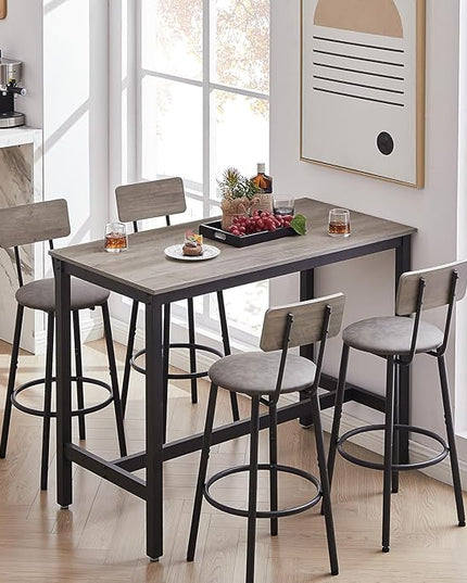 Dining Table Set for 4 Bar Table and Chairs Set, Industrial Counter Height Bar Table Set with 4 PU Upholstered Seat Stools with Backrest & Footrest, for Home & Kitchen Breakfast, Grey - LeafyLoom