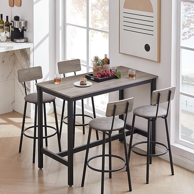 Dining Table Set for 4 Bar Table and Chairs Set, Industrial Counter Height Bar Table Set with 4 PU Upholstered Seat Stools with Backrest & Footrest, for Home & Kitchen Breakfast, Grey - LeafyLoom
