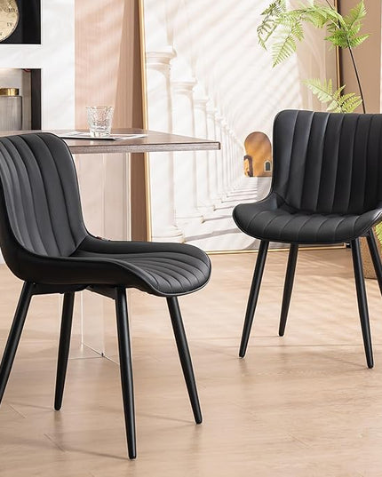 YOUNUOKE Black Dining Chairs Set of 2 Upholstered Mid Century Modern Kitchen Chair Armless Faux Leather Accent Dinning Side Chairs with Back and Metal Legs for Guest Waiting Reception Living Room - LeafyLoom