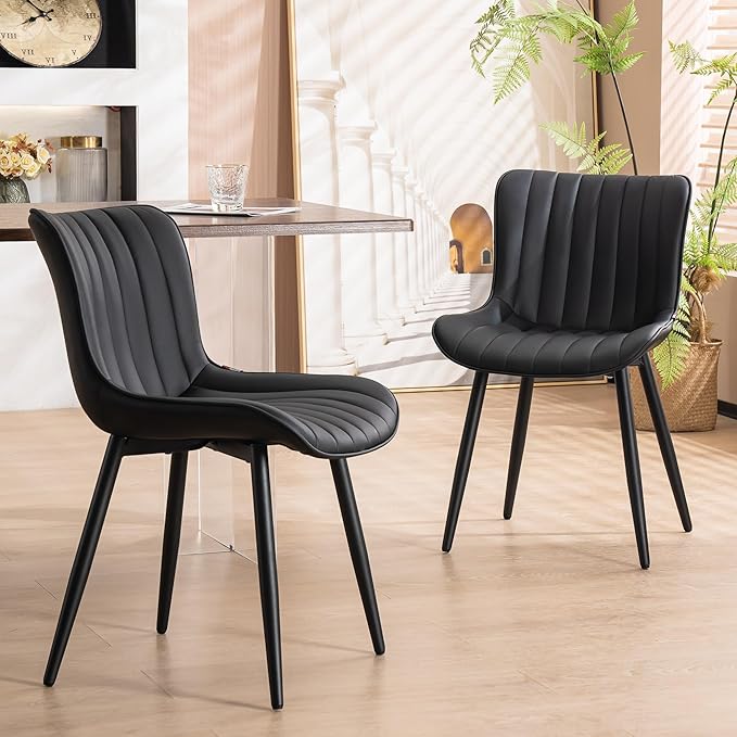 YOUNUOKE Black Dining Chairs Set of 2 Upholstered Mid Century Modern Kitchen Chair Armless Faux Leather Accent Dinning Side Chairs with Back and Metal Legs for Guest Waiting Reception Living Room - LeafyLoom
