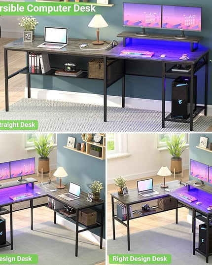 Unikito L Shaped Computer Desk with Magic Power Outlets and Smart LED Light, Reversible 55 Inch Corner Office Desk with Monitor Stand, Unique Grid Design, Gaming Table with Storage, Black Oak - LeafyLoom