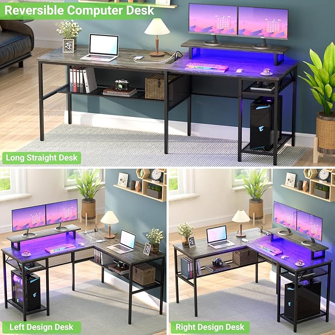 Unikito L Shaped Computer Desk with Magic Power Outlets and Smart LED Light, Reversible 55 Inch Corner Office Desk with Monitor Stand, Unique Grid Design, Gaming Table with Storage, Black Oak - LeafyLoom