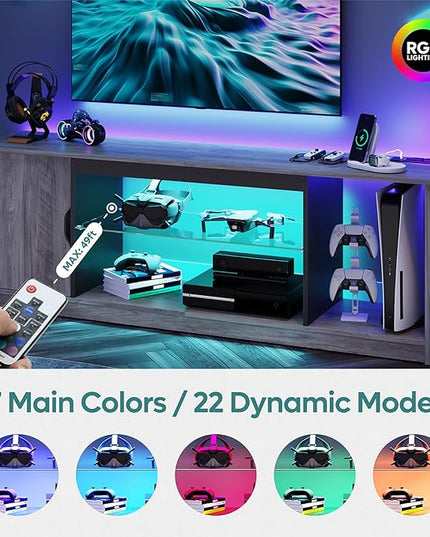 Bestier LED TV Stand with Power Outlets for 55/60/65 Inch TV, Gaming Entertainment Center with Cabinet for PS5, Modern TV Cabinet with Adjustable Glass Shelves for Living Room 58 Inch, Grey Wash - LeafyLoom