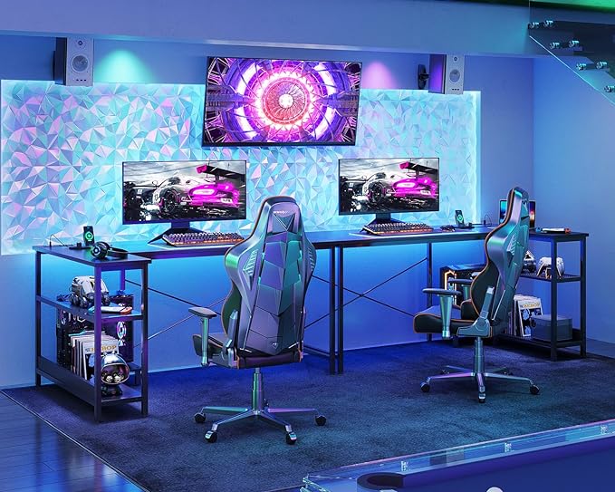 ODK 55 Inch L Shaped Gaming Computer Desk with Power Outlets,Corner Desk with Reversible Storage Shelves & PC Stand for Small Space, Modern Simple Home Office Table, Carbon Fiber Surface, Black - LeafyLoom