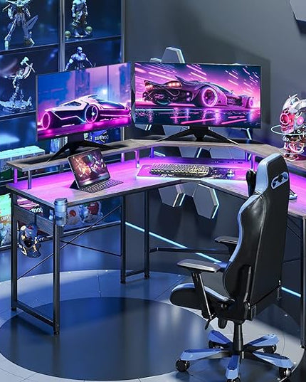 ODK L Shaped Gaming Desk with LED Lights & Power Outlets, 51" Computer Desk with Full Monitor Stand, Corner Desk with Cup Holder, Gaming Table with Hooks, Grey Oak - LeafyLoom