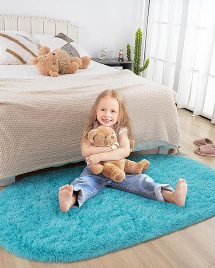 Merelax Soft Shaggy Rug for Kids Bedroom, Oval 2.6'x5.3' Teal Plush Fluffy Carpets for Living Room, Furry Carpet for Teen Girls Room, Anti-skid Fuzzy Comfy Rug for Nursery Decor Cute Baby Play Mat - LeafyLoom
