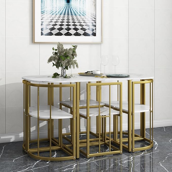 Dining Table Set for 6, 55 Inch Faux Marble Dining Room Table Set with 6 Chairs, Elegant and Compact Kitchen Table Set for Living Room, Dining Room and Small Space, Golden+White - LeafyLoom
