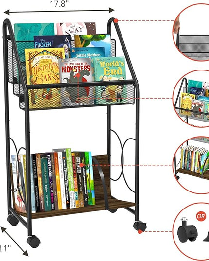 Bookshelf, 4-Tier Metal & Wood Rolling Book Cart on Wheels, Record Cabinet for Book Magazine Turntable, Record Holder Up to 100 Albums, Multifunction Utility Cart, Black - LeafyLoom