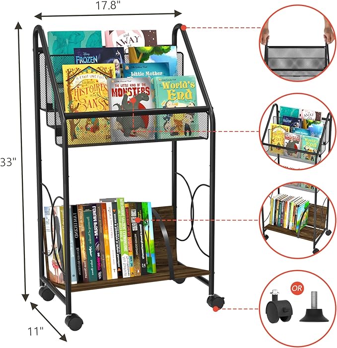 Bookshelf, 4-Tier Metal & Wood Rolling Book Cart on Wheels, Record Cabinet for Book Magazine Turntable, Record Holder Up to 100 Albums, Multifunction Utility Cart, Black - LeafyLoom
