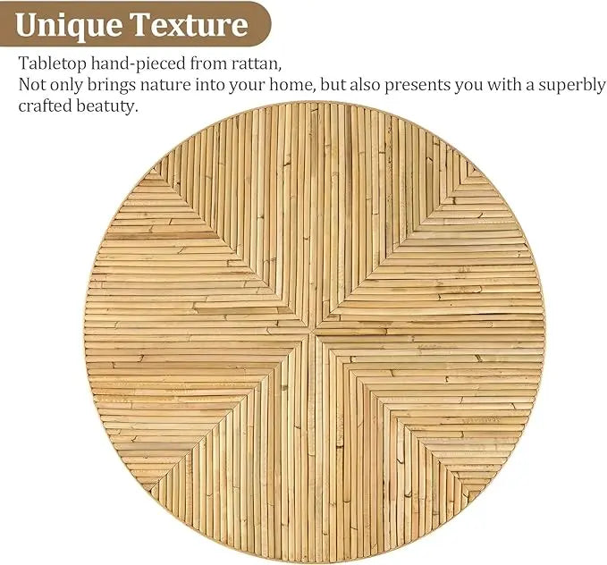 Round Coffee Table, Small Rattan Coffee Table, Mid Century Modern Coffee Table, Boho Circle Coffee Table, Tea Table, Unique Fluted Coffee Table, Rustic Center Table for Living Room - LeafyLoom