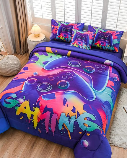 Aimuan Gaming Comforter Sets for Boys Kids Bedding Sets Video Games Console Action Buttons Novelty Colorful Game Gamepad Controller Modern Gamer Room Decor Home Quilt Set (Twin 6 Pcs,Purple) - LeafyLoom