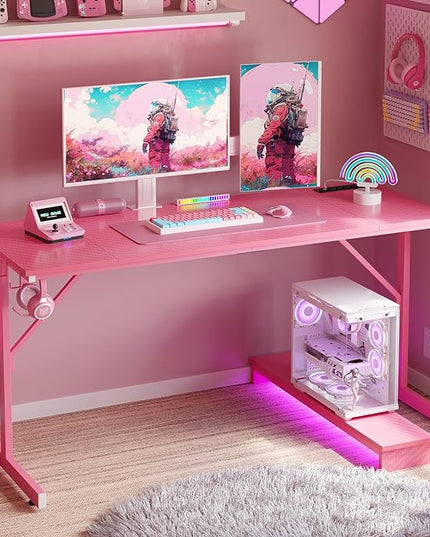 Bestier Gaming Desk with Power Outlets and USB Charging Ports, 52 Inch LED Small Computer Desk with Monitor Stand, Home Office Desk with Cup Holder & Headset Hooks, Desk for Office, Carbon Fiber Pink - LeafyLoom