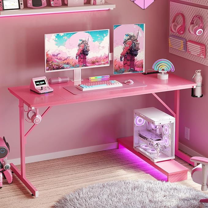 Bestier Gaming Desk with Power Outlets and USB Charging Ports, 52 Inch LED Small Computer Desk with Monitor Stand, Home Office Desk with Cup Holder & Headset Hooks, Desk for Office, Carbon Fiber Pink - LeafyLoom