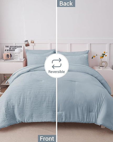 8 Piece Woven Texture King Size Comforter Set Blue, Bed in A Bag Bedding King with Comforter and Sheets, Soft Lightweight Comforter Set with Deocor Throw Pillow, Light Heaven Blue - LeafyLoom