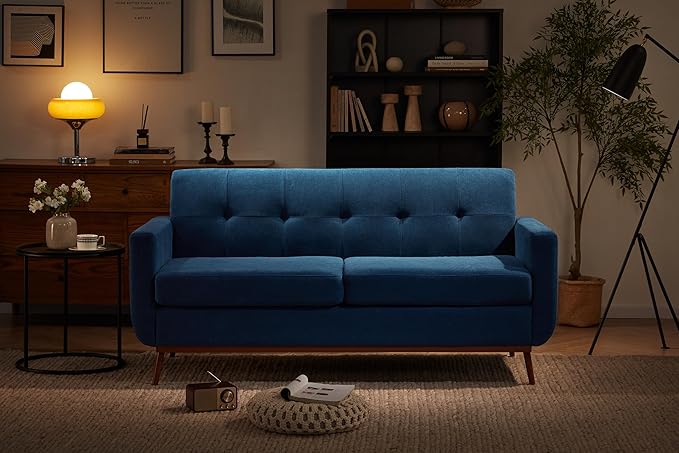 65" Loveseat Sofa, Mid Century Modern Love Seat Couches for Living Room, Comfy Upholstered Sofa Couch for Bedroom, Tufted Design 2 Seater Love Seat Sofa for Small Spaces (Linen-Blue) - LeafyLoom
