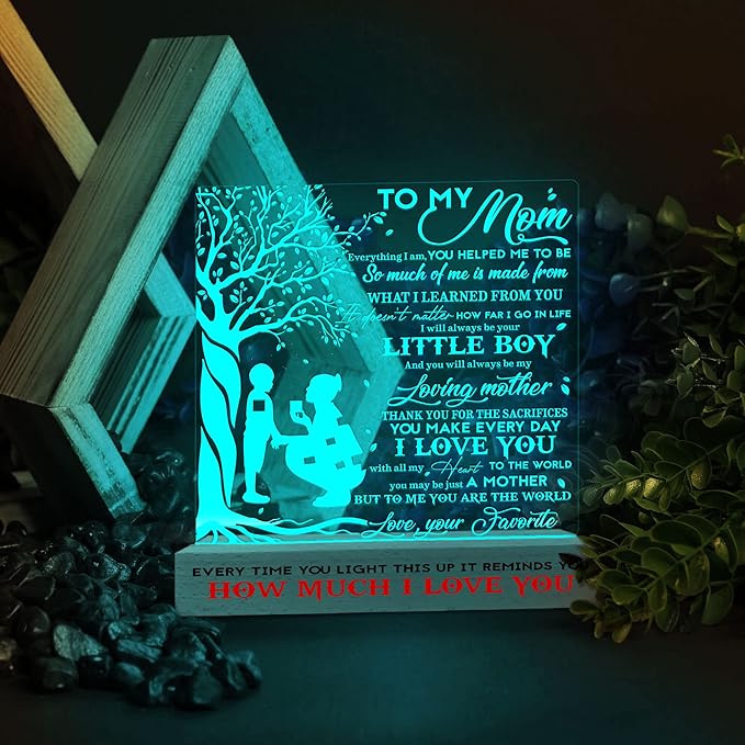 to my Mom 3D Illusion Lamp w/Wooden Base USB Powered, Mom Acrylic Night Light, Gift from Daughter, Bonus Mom Stepmom Gift, Lamp Present for Mom Mother, Gift for Birthday Mothers Day - LeafyLoom