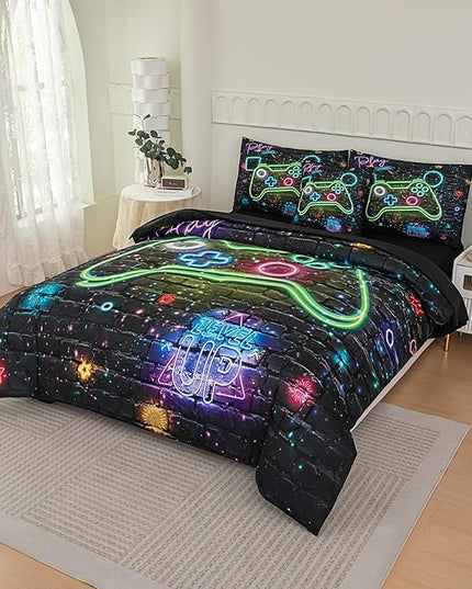 NINENINE Gaming Bedding Sets for Boys, 6PCS Queen Size Comforter Sets for Boys,Gamer Bedding Bed in A Bag Comforter Sheet Set(1Comforter,1Flat Sheet,1Fitted Sheet,1Cushion Cover,2Pillowcases)… - LeafyLoom