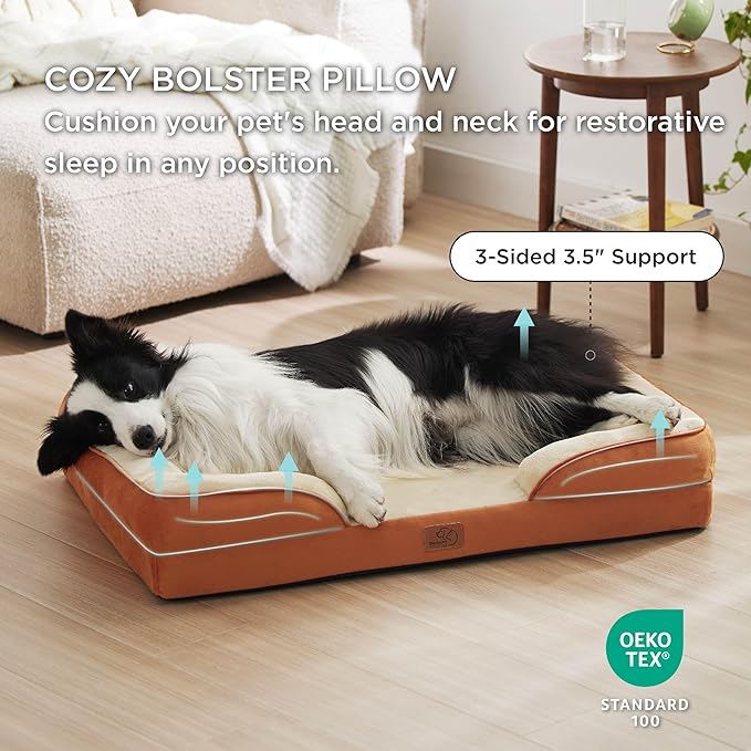 Bedsure Orthopedic Dog Bed for Large Dogs - Big Washable Dog Sofa Beds Large, Supportive Foam Pet Couch Bed with Removable Washable Cover, Waterproof Lining and Nonskid Bottom, Caramel BEDSURE
