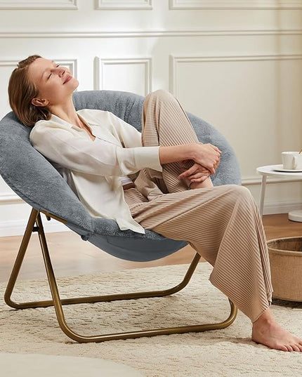 Sweetcrispy Comfy Saucer Chairs, Faux Fur Lounge Chair for Bedroom Living Room Flexible Folding Seat for Kids Teens Adults, Soft Padded and Metal Frame Modern for Home Office, X-Large, Dark Grey - LeafyLoom