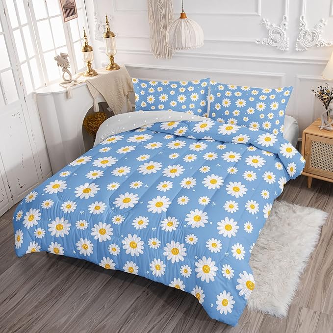 Datura home Flower Comforter Set Blue Daisy Floral Printed Pattern Quilt Bedding with 1 and 2 Pillowcases for Girls Women Bedroom All Season(Blue Full) Full 80x90inches - LeafyLoom