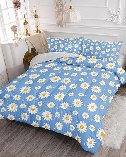 Datura home Flower Comforter Set Blue Daisy Floral Printed Pattern Quilt Bedding with 1 and 2 Pillowcases for Girls Women Bedroom All Season(Blue Queen) Queen 90x90inches - LeafyLoom