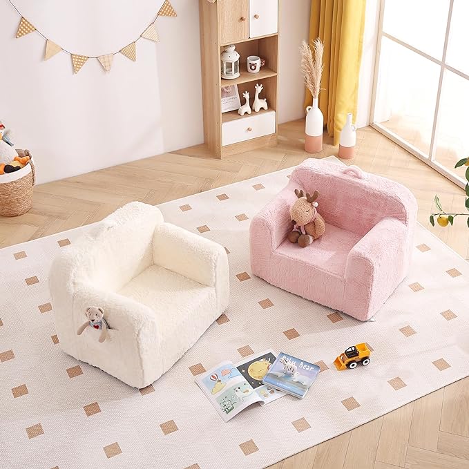 Tiita Kids Sofa Couch, Toddler Foam Sofa Chair, Comfy Child Lounge Chair with Carrying Handle & Side Pockets, Baby Plush Armrest Chair, Lightweight Reading Sofa Chair for Girl or Boy (Beige) - LeafyLoom