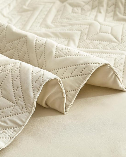 WONGS BEDDING Beige Comforter Set Queen Size(90"×90"), Reversible Boho Geometric Textured Bedding Comforter Sets - 3 Pieces Soft Microfiber Ultrasonic Bedding with 2 Pillowcases - LeafyLoom