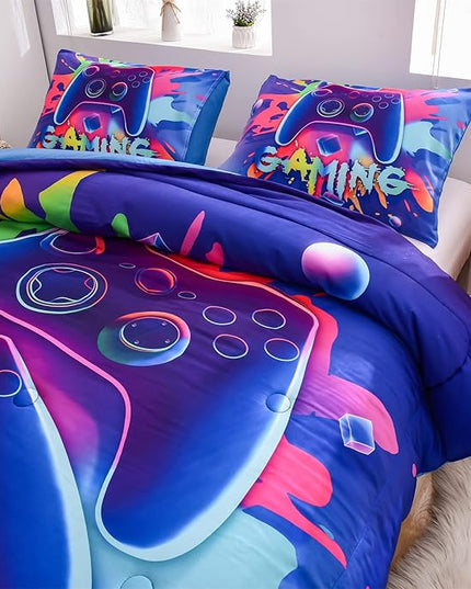 Aimuan Gaming Comforter Sets for Boys Kids Bedding Sets Video Games Console Action Buttons Novelty Colorful Game Gamepad Controller Modern Gamer Room Decor Home Quilt Set (Full, Purple) - LeafyLoom