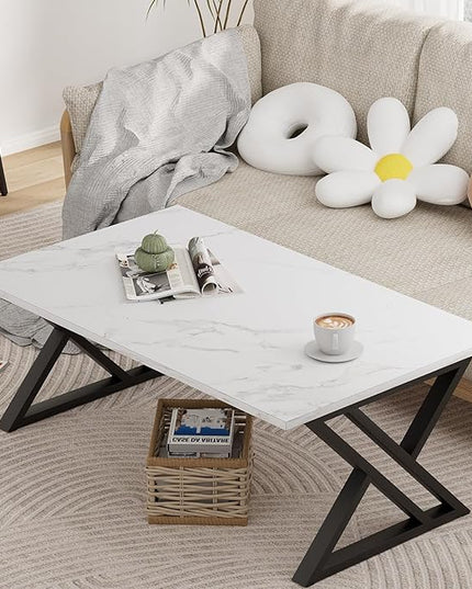 Coffee Table White Living Room Center Table, Simple Modern Faux Marble Rectangular Tea Table with Sturdy Black Metal Frame,Industrial Wooden Coffee Table for Bedroom Home Office - LeafyLoom