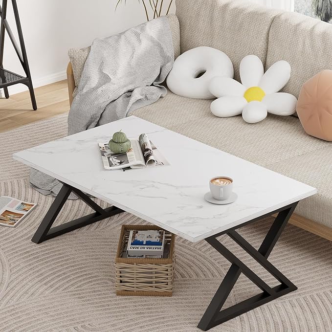 Coffee Table White Living Room Center Table, Simple Modern Faux Marble Rectangular Tea Table with Sturdy Black Metal Frame,Industrial Wooden Coffee Table for Bedroom Home Office - LeafyLoom
