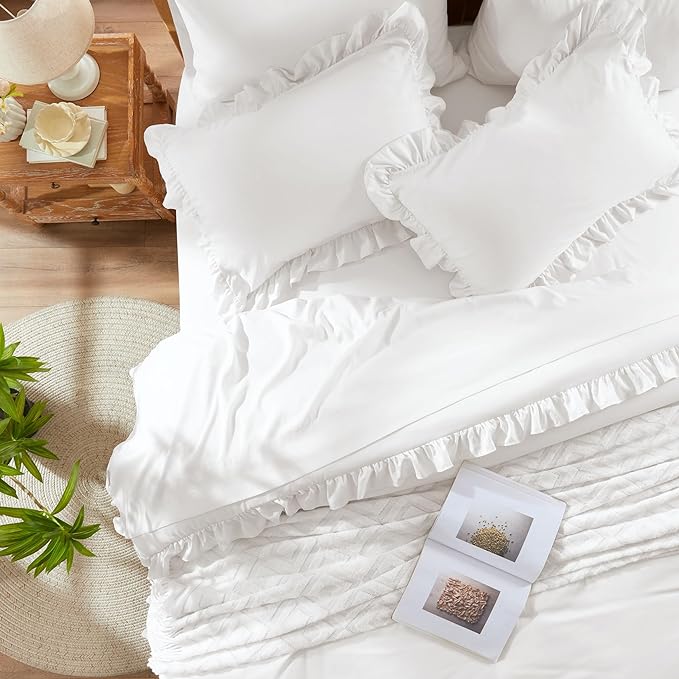 Anluoer Queen Comforter Set 7 Piece, White Bed in a Bag with Sheets, All Season Ruffle Shabby Chic Bedding Sets with 1 Comforter, 2 Pillow Shams, 2 Pillowcases, 1 Flat Sheet, 1 Fitted Sheet - LeafyLoom