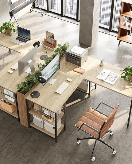 Bestier 95.2” L Shaped Desk, Reversible Corner Computer Desk or 2 Person Long Table with Adjustable Shelves, Large Writing Study Workstation with 3 Cable Holes - Oak - LeafyLoom