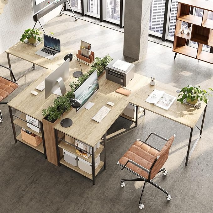 Bestier 95.2” L Shaped Desk, Reversible Corner Computer Desk or 2 Person Long Table with Adjustable Shelves, Large Writing Study Workstation with 3 Cable Holes - Oak - LeafyLoom