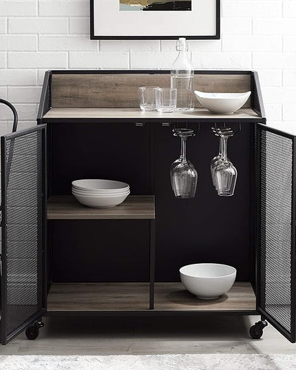 Walker Edison Malcomb Urban Industrial Metal Mesh Double Door Rolling Bar Cabinet, 33 Inch, Grey - LeafyLoom