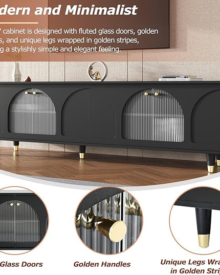 Merax Contemporary TV Stand with Adjustable Shelves, Gold Handles and Arch Fluted Glass Doors for Televisions Up to 78'', Stylish Media Console, Delicate Entertainment Center for Living Room, Black - LeafyLoom
