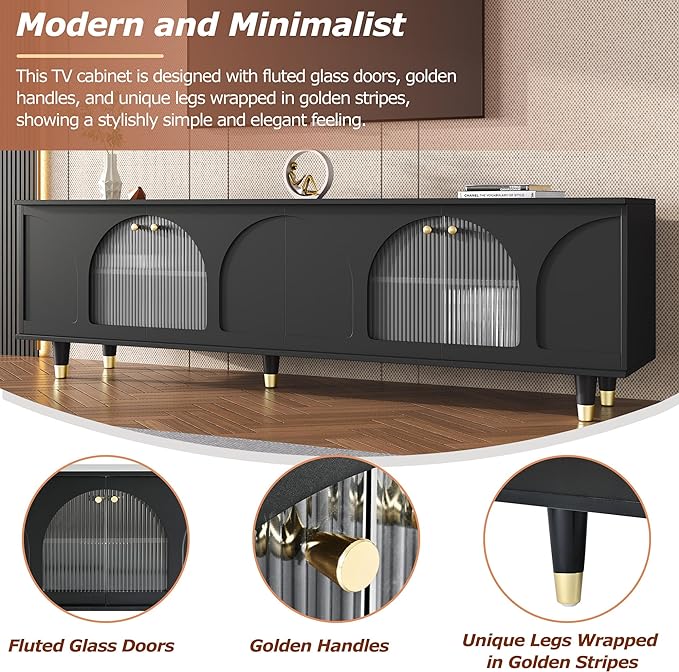 Merax Contemporary TV Stand with Adjustable Shelves, Gold Handles and Arch Fluted Glass Doors for Televisions Up to 78'', Stylish Media Console, Delicate Entertainment Center for Living Room, Black - LeafyLoom