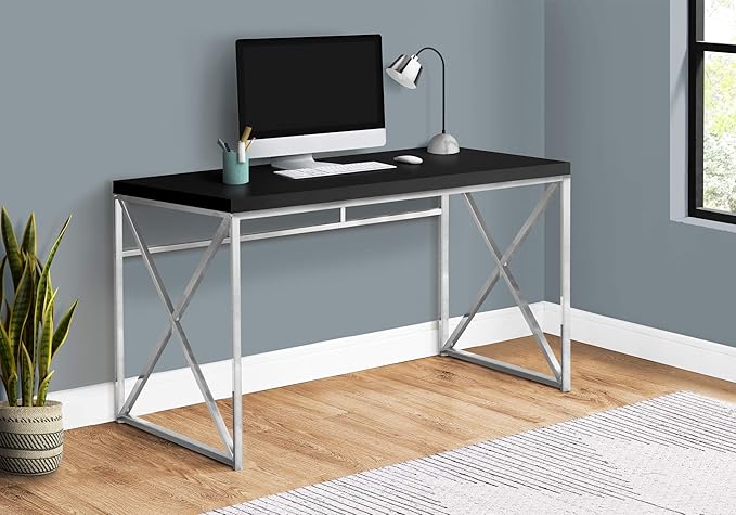Monarch Specialties Modern Industrial Style-Home & Office Writing Table with Sturdy Crisscross Metal Computer Desk, 48" L, Black/Chrome Frame - LeafyLoom
