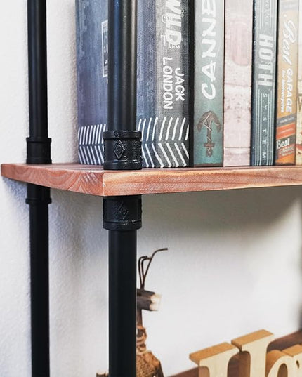 3 Tier Industrial Pipe Bookcase, Rustic Farmhouse Bookshelf with Solid Wood for Living Room, Kitchen, Office - LeafyLoom