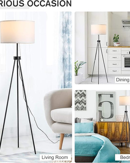 HOMCOM 59.75" Tripod Floor Lamp with Pull Chain Standing, Fabric Lampshade E26 Lamp Holder Steel for Living Room, Bedroom, Office, Black - LeafyLoom