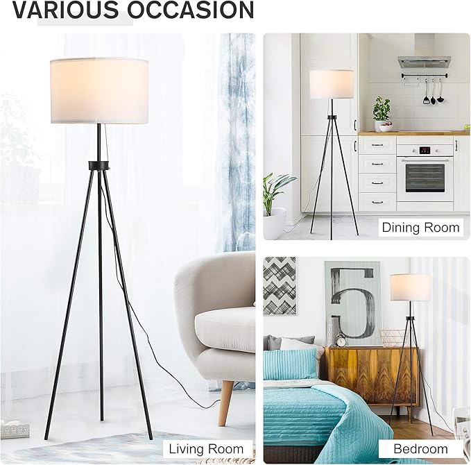 HOMCOM 59.75" Tripod Floor Lamp with Pull Chain Standing, Fabric Lampshade E26 Lamp Holder Steel for Living Room, Bedroom, Office, Black - LeafyLoom
