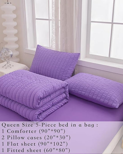 Seersucker Purple Queen Size Comforter Sets for Girls Women Boho Purple Seersucker Bedding Set & Collections 5 Pieces-Soft Lightweight Microfiber Bed Set for All Season,Queen 90''x90''… - LeafyLoom