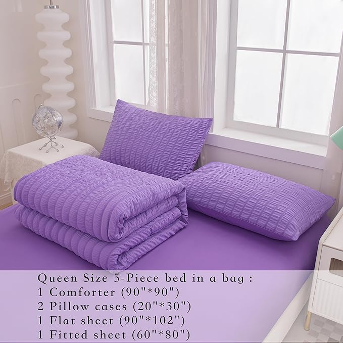 Seersucker Purple Queen Size Comforter Sets for Girls Women Boho Purple Seersucker Bedding Set & Collections 5 Pieces-Soft Lightweight Microfiber Bed Set for All Season,Queen 90''x90''… - LeafyLoom