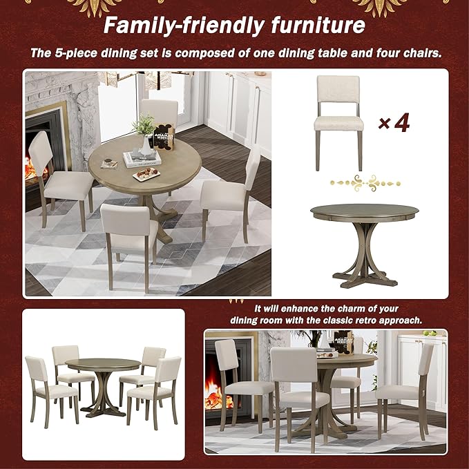 5-Piece Retro Round Dinette Sets Kitchen Dining Table with Curved Trestle Style Legs, 4 Upholstered Chairs, for Diningroom Living Room, Easy to Assemble, Taupe - LeafyLoom