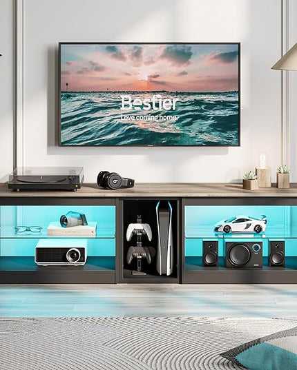 Bestier TV Stand for 70 inch TV, Gaming Entertainment Center for PS5, LED TV Cabinet with Glass Shelves for Living Room, 63'' Inch, Pinewood - LeafyLoom